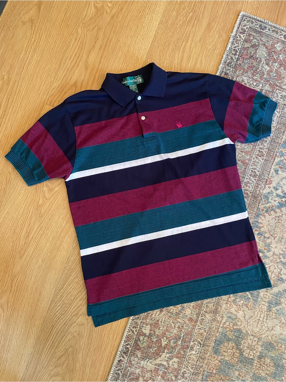 Vintage 90s Knights of the Round Table Striped Polo Shirt | Men’s Medium
